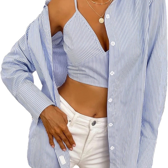 Tops - Striped Blue Women's Two Piece Top Size Small